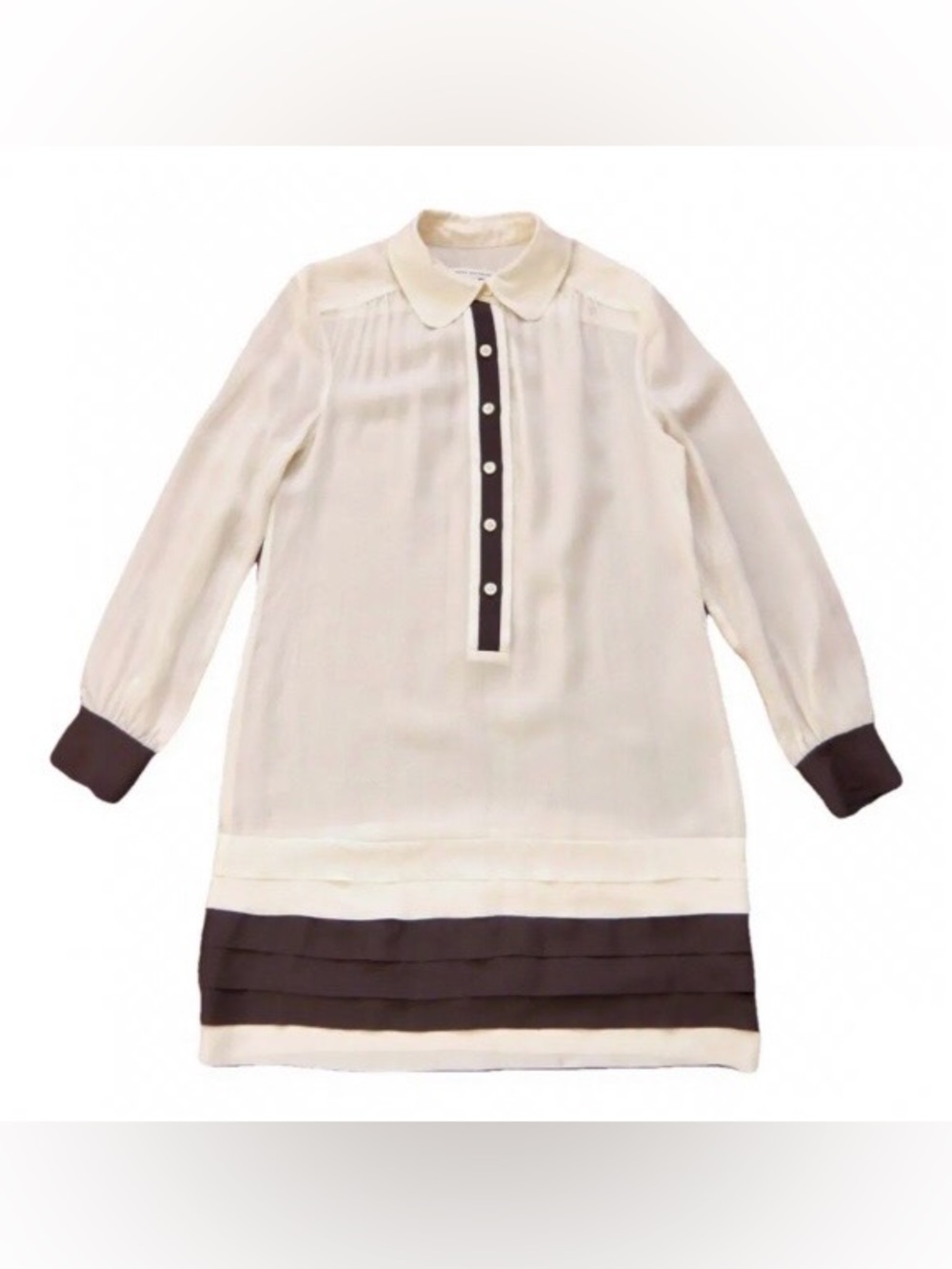 SILK BABANA REPUBLIC Cream Mini Dress /Tunic. Contrasting Chocolate Brown Trim. - Picture 2 of 11